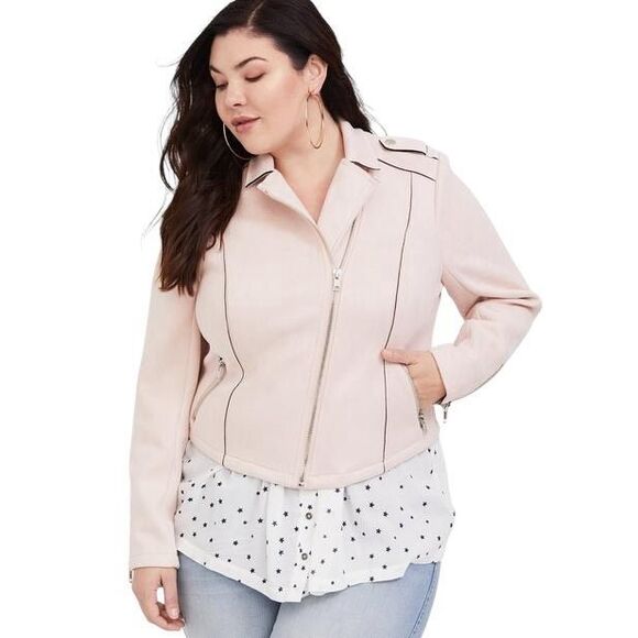 Torrid Plus‎ Size 2X Suede Moto Jacket Light Pink Full Zip Long Sleeve 1642 - Picture 1 of 16